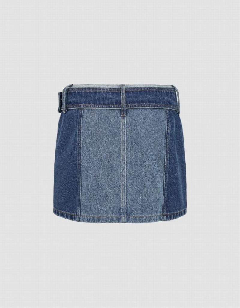 Blue Urban Revivo Mini A-Line With Belt Women's Denim Skirt | FYQAMD-682