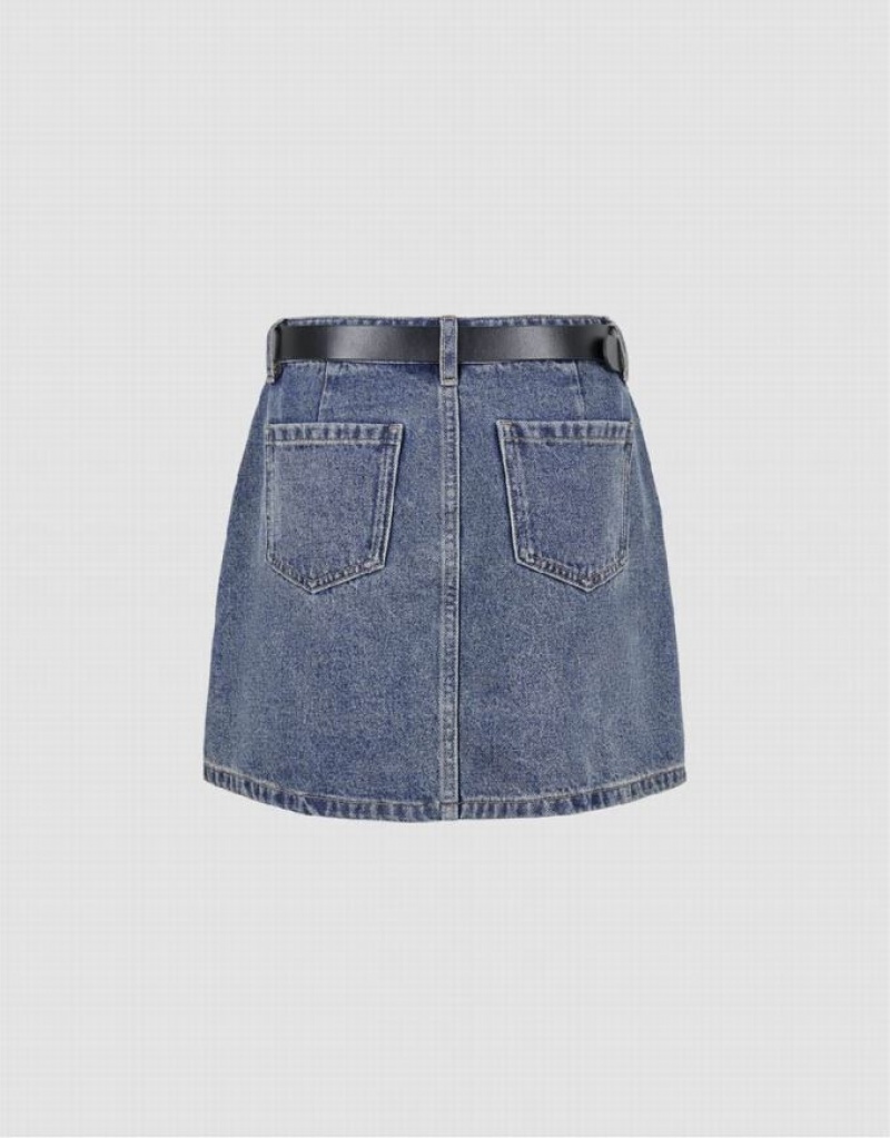 Blue Urban Revivo Mini A-Line With Belt Women's Denim Skirt | QSUGPT-149