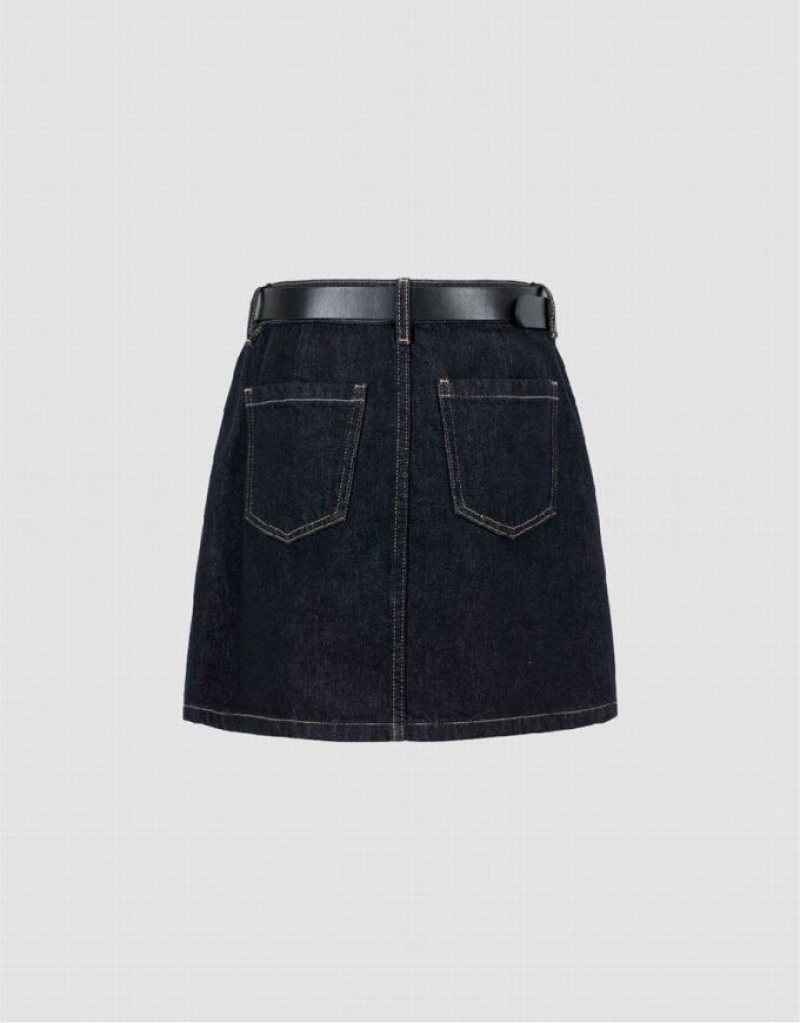 Blue Urban Revivo Mini A-Line With Belt Women's Denim Skirt | TLRDHU-023