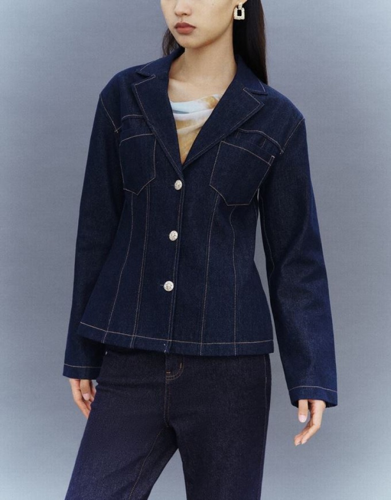 Blue Urban Revivo Notch Lapel Denim Women's Shirts | XTWAQP-970