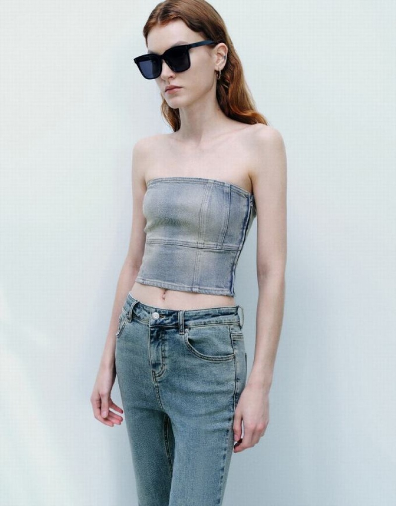 Blue Urban Revivo Off-Shoulder Denim Tube Top Women's Shirts | AEPGMK-329