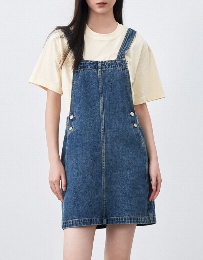 Blue Urban Revivo Pinafore Women's Denim Dress | PFZYDR-295