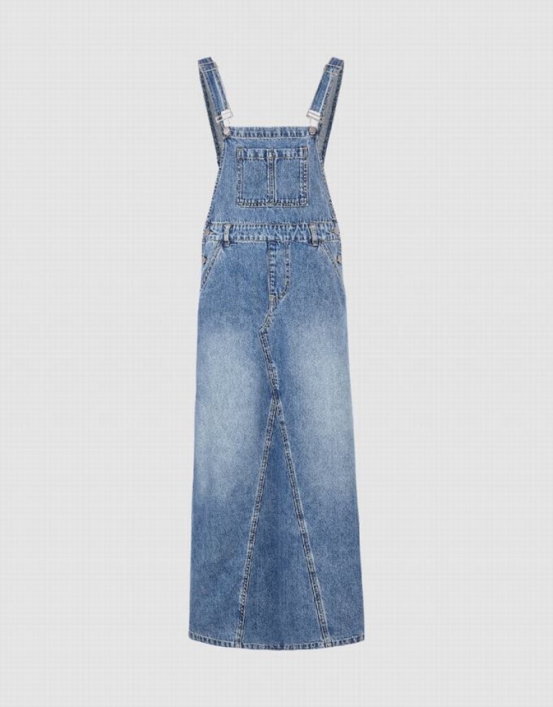 Blue Urban Revivo Pinafore Women's Denim Dress | QKAOEF-573