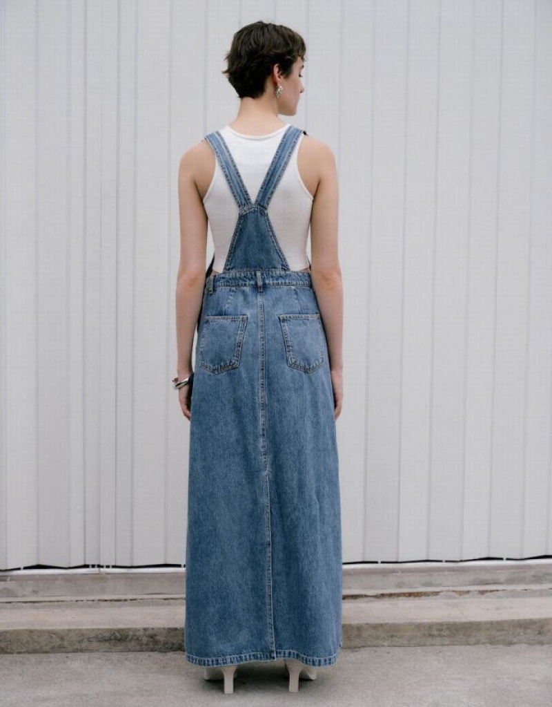 Blue Urban Revivo Pinafore Women's Denim Dress | QKAOEF-573