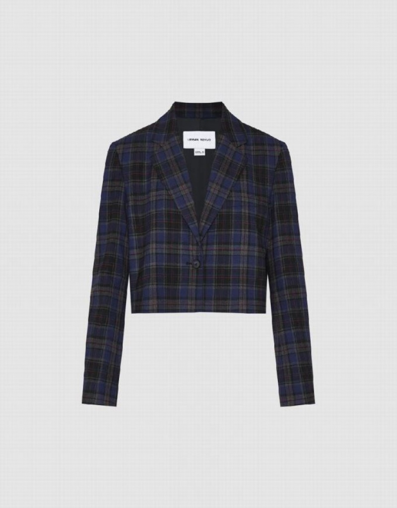 Blue Urban Revivo Plaid Cropped Women's Blazers | HLDPKJ-532