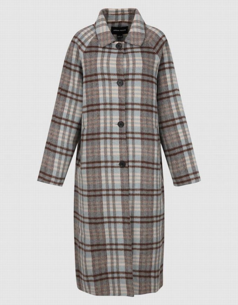 Blue Urban Revivo Plaid Straight Women's Coats | PGKDQH-708