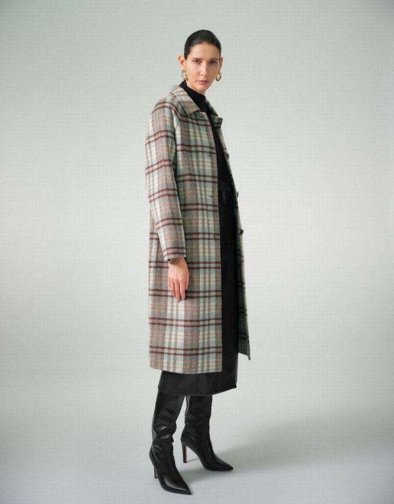 Blue Urban Revivo Plaid Straight Women's Coats | PGKDQH-708