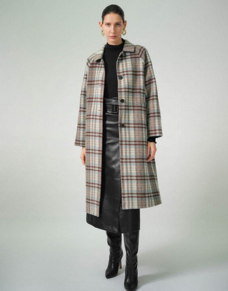 Blue Urban Revivo Plaid Straight Women\'s Coats | PGKDQH-708