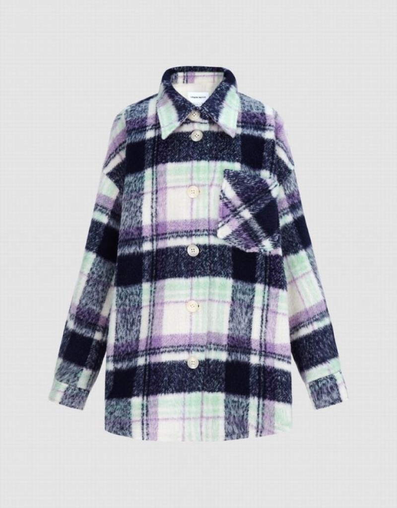 Blue Urban Revivo Plaid Straight Women\'s Jacket | VGUYEC-549