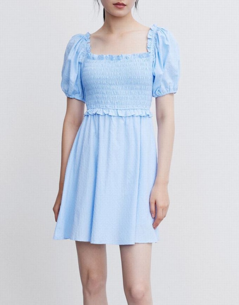 Blue Urban Revivo Plain Shirred Puff Sleeve Women's Casual Dress | PFZYKH-417