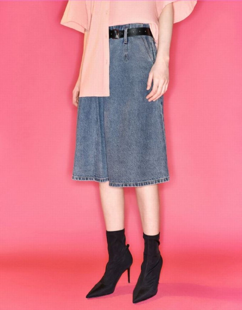 Blue Urban Revivo Pleated With Belt Women's Denim Skirt | PLXBME-850