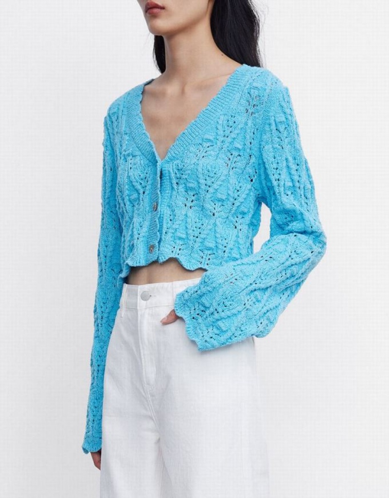 Blue Urban Revivo Pointelle Button Up Women's Cardigan | TWRFDQ-460