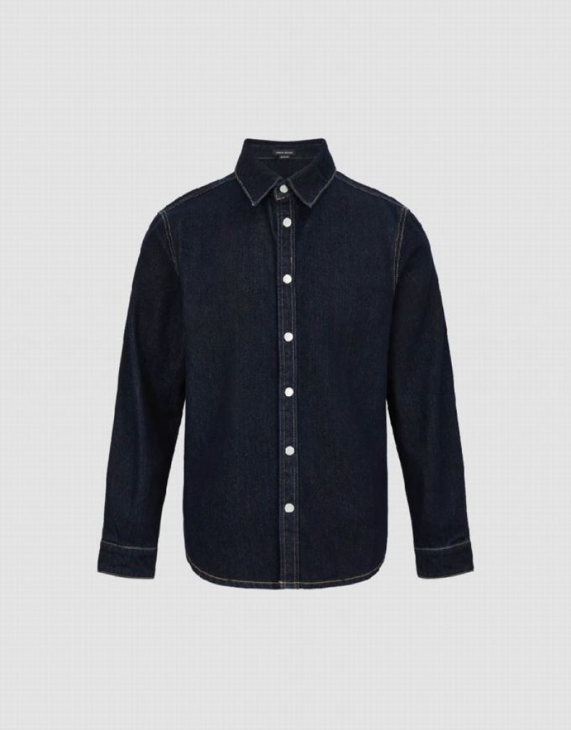 Blue Urban Revivo Press Button Denim Men's Shirts | ZHKMXU-216