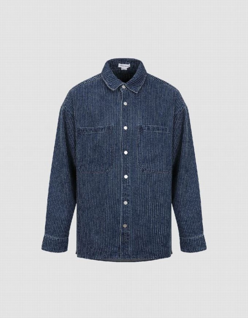 Blue Urban Revivo Pressed Button Denim Men's Shirts | UYALSF-037