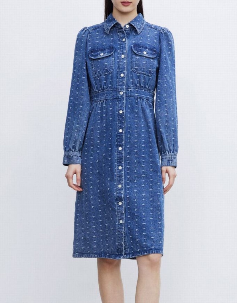 Blue Urban Revivo Puff Sleeve Button Up Women's Denim Dress | QWSUGH-023