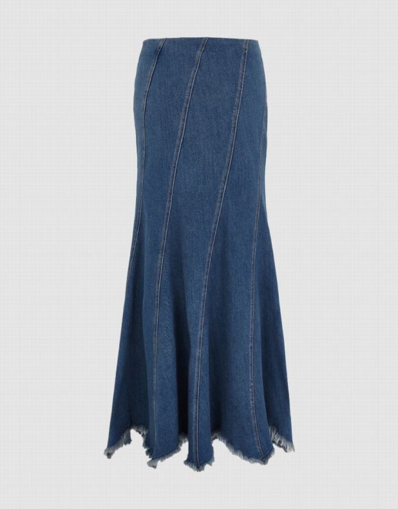 Blue Urban Revivo Raw Hem Fishtail Women's Denim Skirt | IRCXWV-490