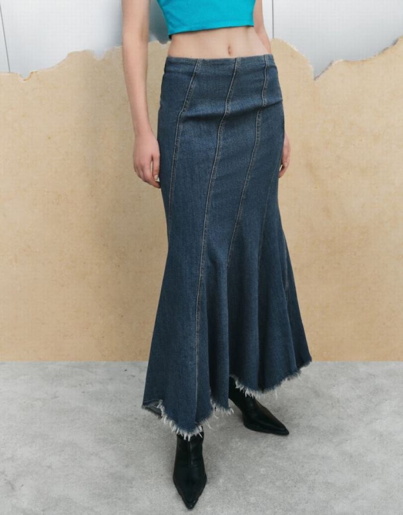 Blue Urban Revivo Raw Hem Fishtail Women's Denim Skirt | IRCXWV-490