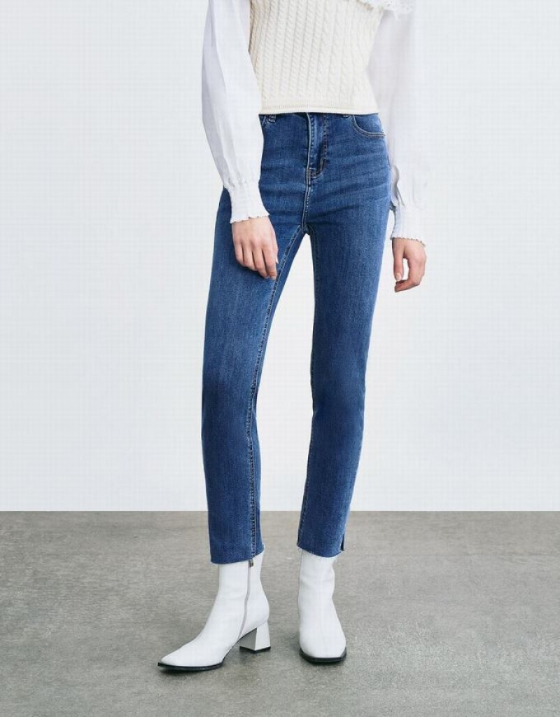 Blue Urban Revivo Raw Hem Skinny Women's Jeans | FJURDK-256