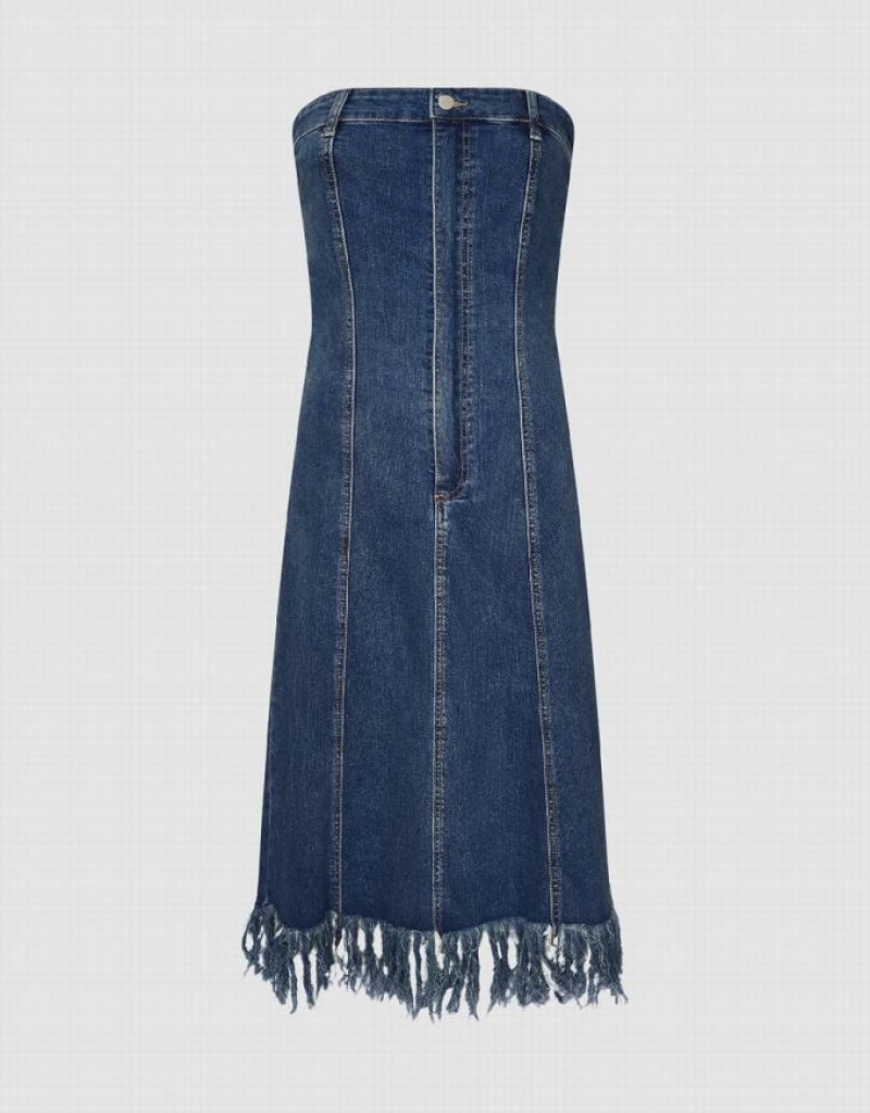 Blue Urban Revivo Raw Hem Sleeveless Women's Denim Dress | OBVCWS-027