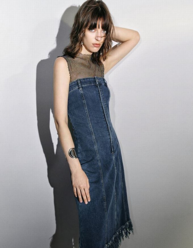 Blue Urban Revivo Raw Hem Sleeveless Women's Denim Dress | OBVCWS-027