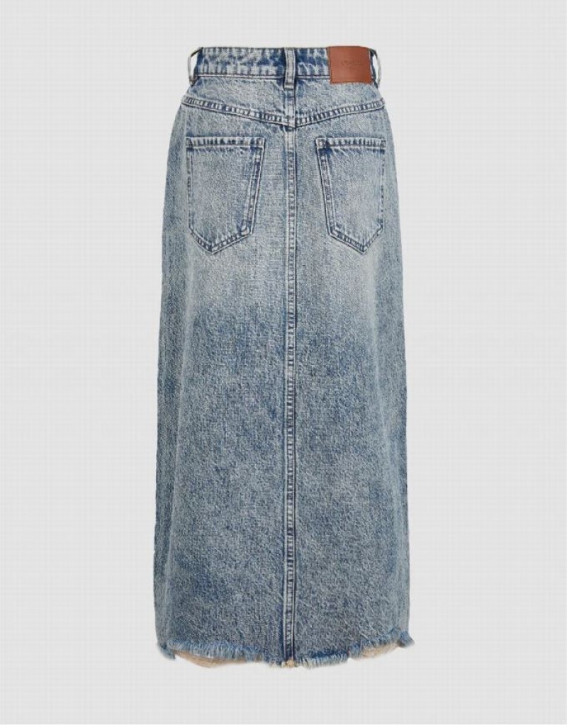 Blue Urban Revivo Raw Hem Split A-Line Women's Denim Skirt | BINLTW-603