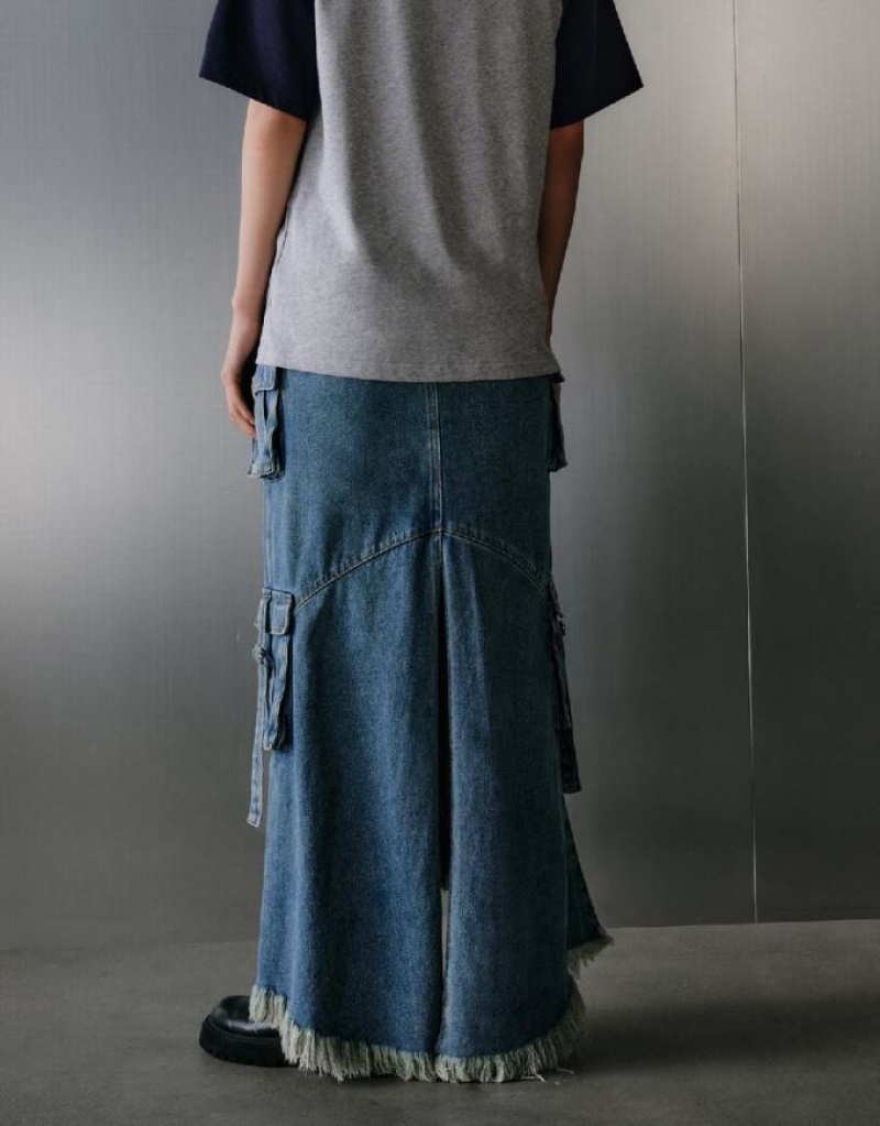 Blue Urban Revivo Raw Hem With Pockets Women's Denim Skirt | JBFCMK-345