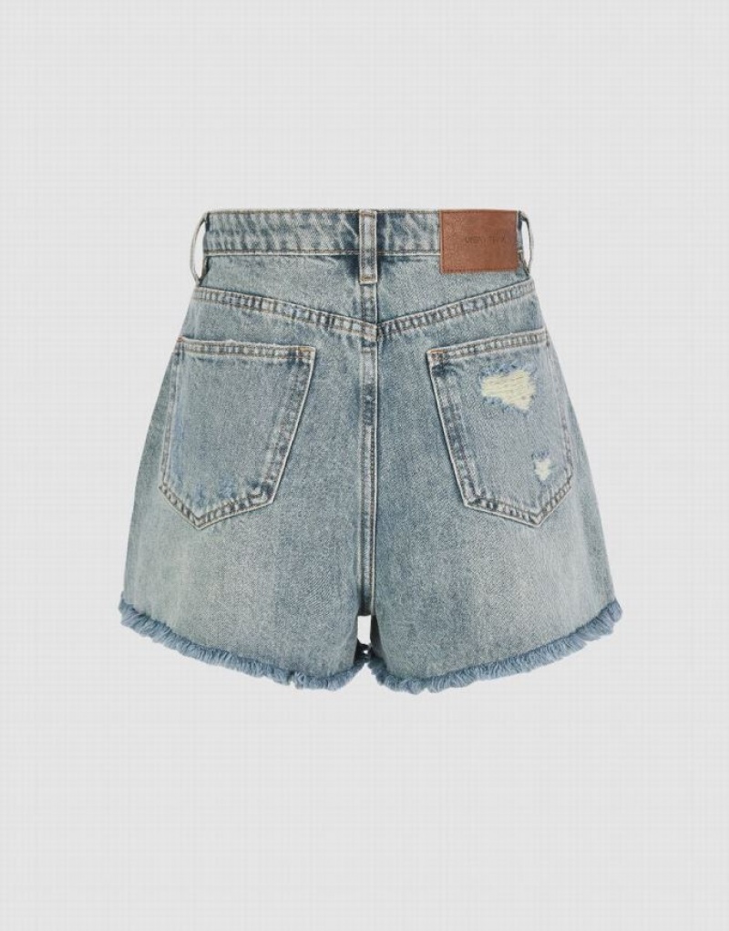 Blue Urban Revivo Raw Hem Women's Denim Shorts | RPWABZ-193