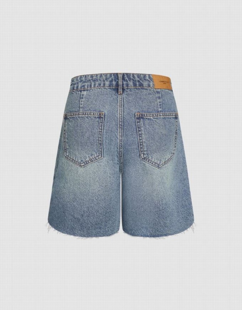 Blue Urban Revivo Raw Hem Women's Denim Shorts | KEDNSG-615