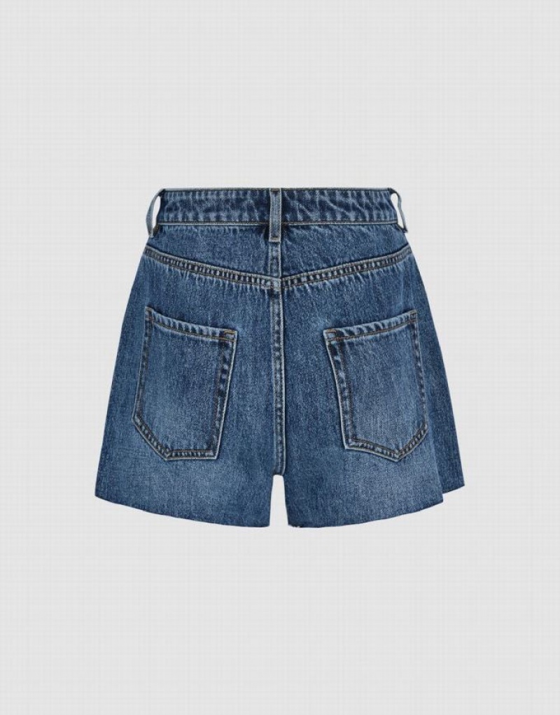 Blue Urban Revivo Raw Hem Women's Denim Shorts | XTZGWA-325