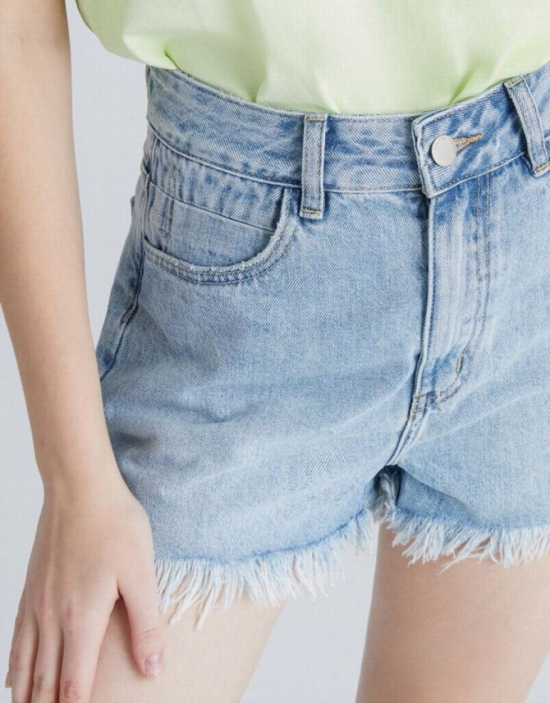 Blue Urban Revivo Raw Hem Women's Denim Shorts | RVCTOF-405