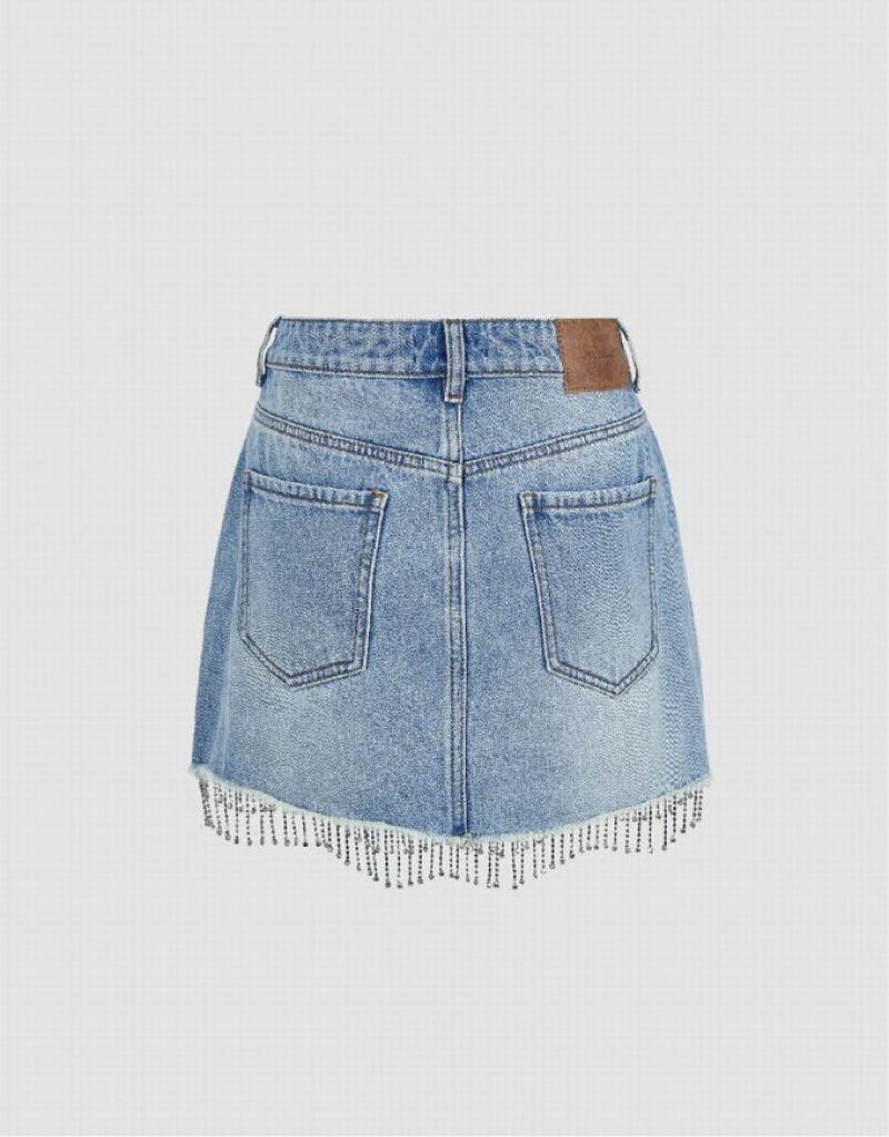 Blue Urban Revivo Rhinestone Hem Mini Straight Women's Denim Skirt | VZBRXN-492