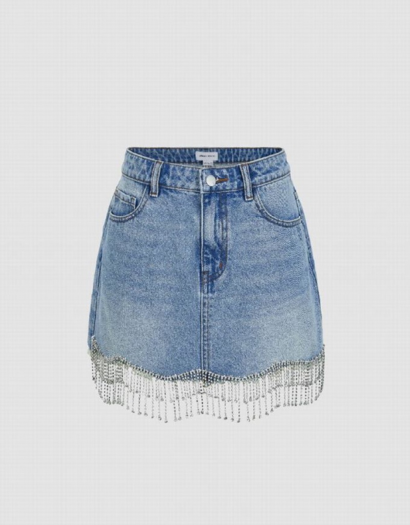 Blue Urban Revivo Rhinestone Hem Mini Straight Women\'s Denim Skirt | VZBRXN-492