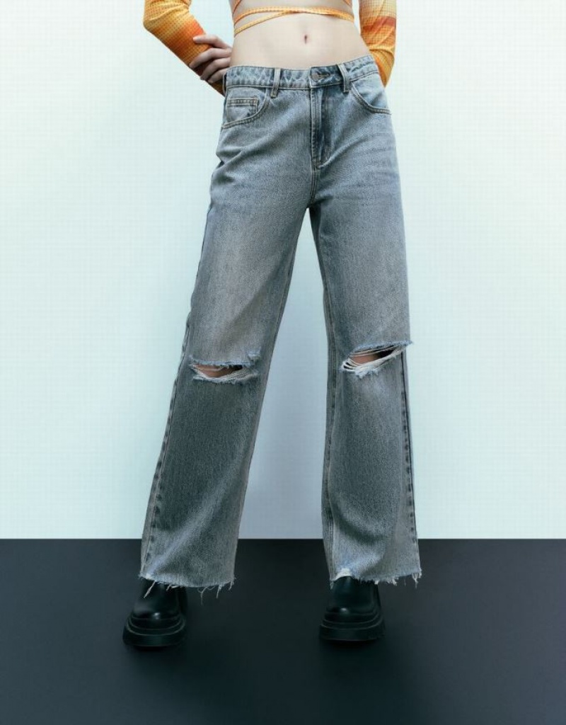 Blue Urban Revivo Ripped Wide-Leg Women's Jeans | YCOWQP-032