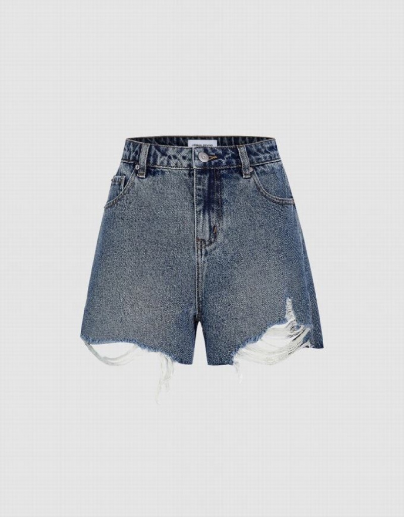 Blue Urban Revivo Ripped Women\'s Denim Shorts | JAHGFB-158