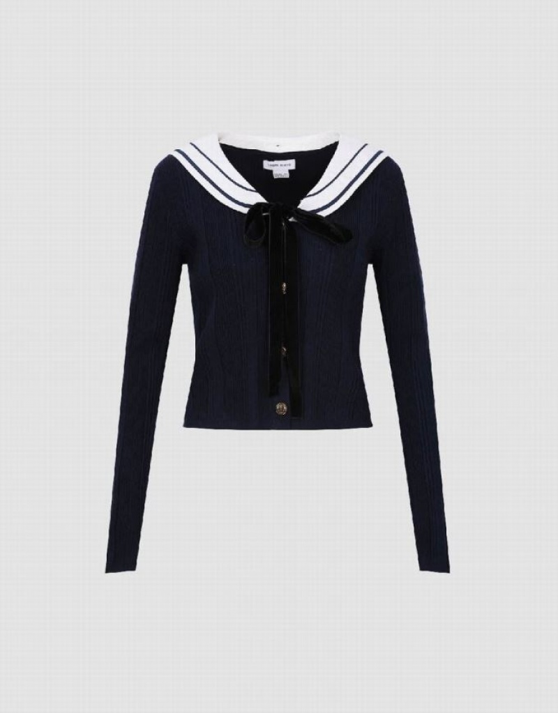 Blue Urban Revivo Sailor Collar Neck Knitted Women's Cardigan | LXFSBO-031