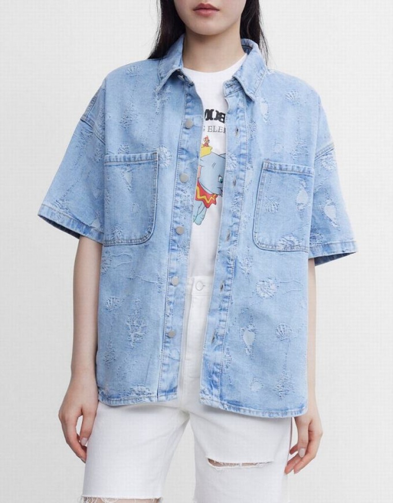 Blue Urban Revivo Seashell Patched Pocket Denim Women's Shirts | UNYQGL-928