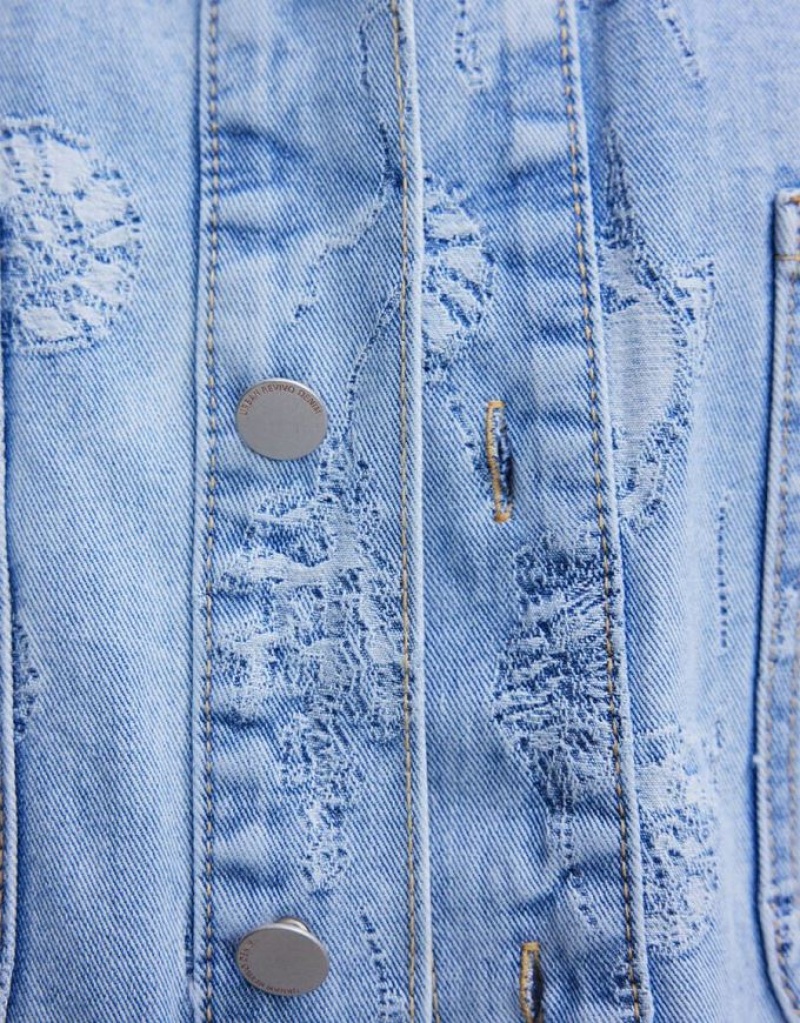 Blue Urban Revivo Seashell Patched Pocket Denim Women's Shirts | UNYQGL-928