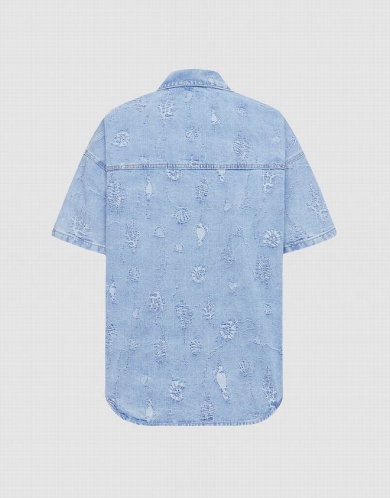 Blue Urban Revivo Seashell Patched Pocket Denim Women's Shirts | UNYQGL-928