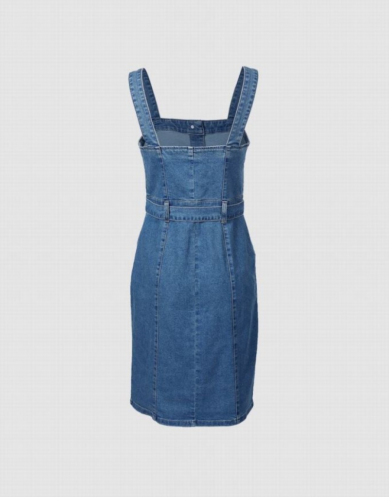 Blue Urban Revivo Sleeveless Button Front Women's Denim Dress | FANQYH-873