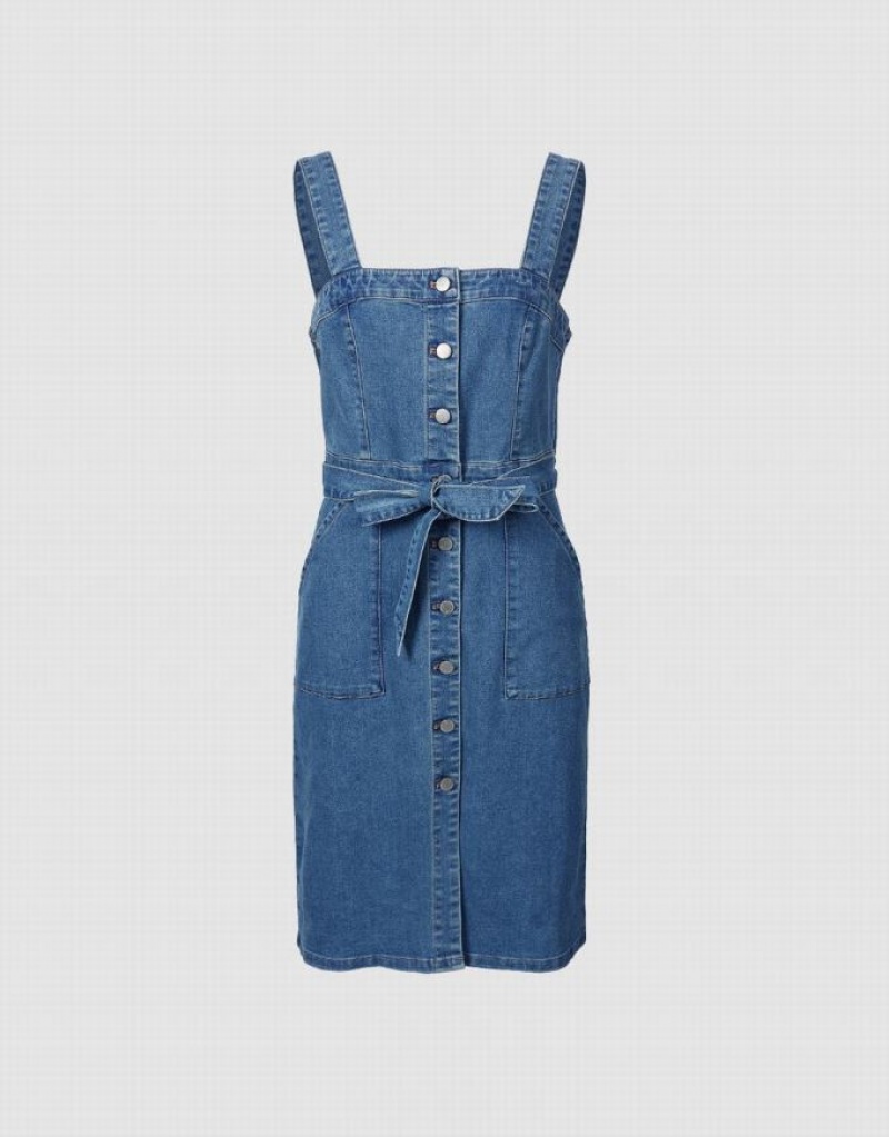 Blue Urban Revivo Sleeveless Button Front Women\'s Denim Dress | FANQYH-873