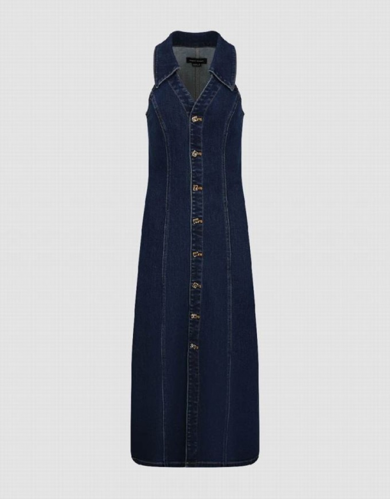 Blue Urban Revivo Sleeveless Lapel Women's Denim Dress | BZNODK-051