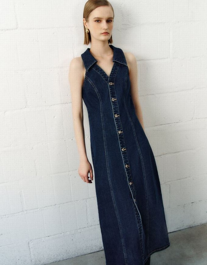 Blue Urban Revivo Sleeveless Lapel Women's Denim Dress | BZNODK-051