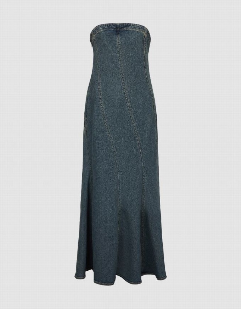 Blue Urban Revivo Sleeveless Off-Shoulder Women's Denim Dress | LGXEUW-546