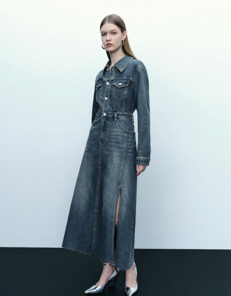 Blue Urban Revivo Split Hem Lapel Women's Denim Dress | MUFIGH-265