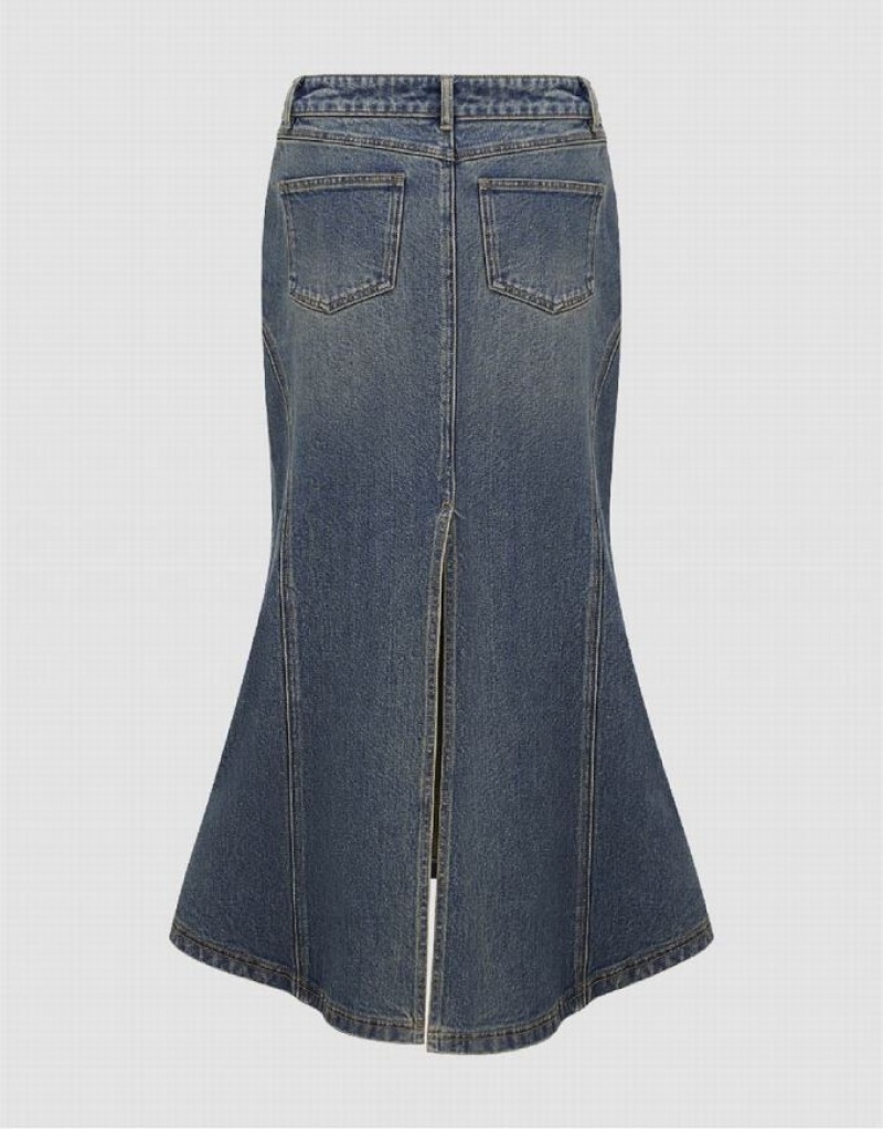 Blue Urban Revivo Split Hem Midi Fishtail Women's Denim Skirt | VQFATG-047