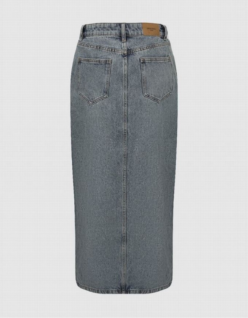 Blue Urban Revivo Split Hem Midi Straight Women's Denim Skirt | KXANEF-839