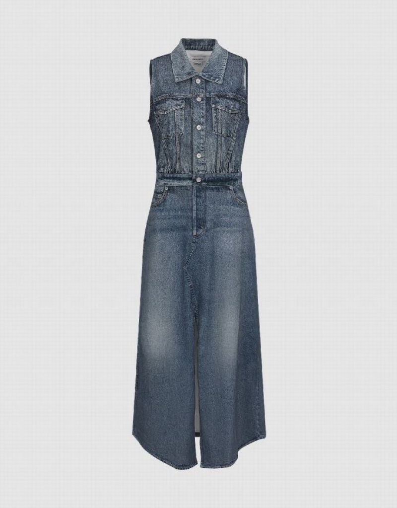 Blue Urban Revivo Split Hem Sleeveless Women's Denim Dress | UKHPCW-768