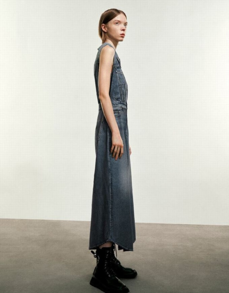 Blue Urban Revivo Split Hem Sleeveless Women's Denim Dress | UKHPCW-768