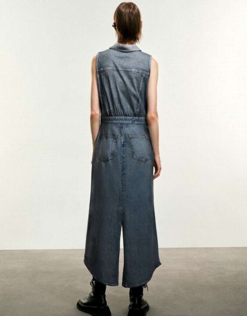 Blue Urban Revivo Split Hem Sleeveless Women's Denim Dress | UKHPCW-768