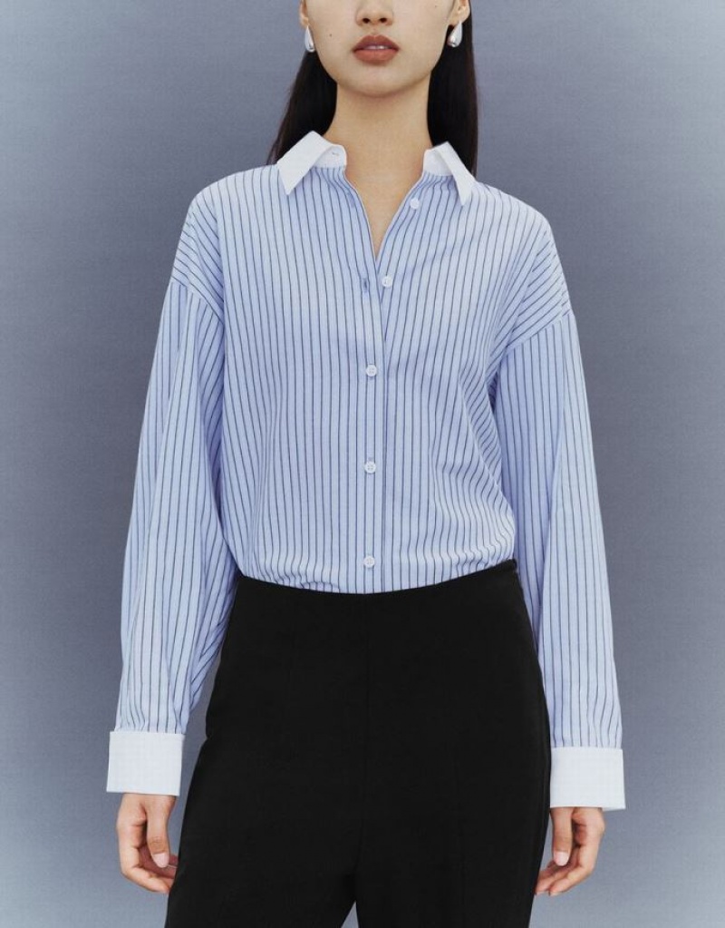 Blue Urban Revivo Striped Button Up Lapel Women's Shirts | VBAIWX-756